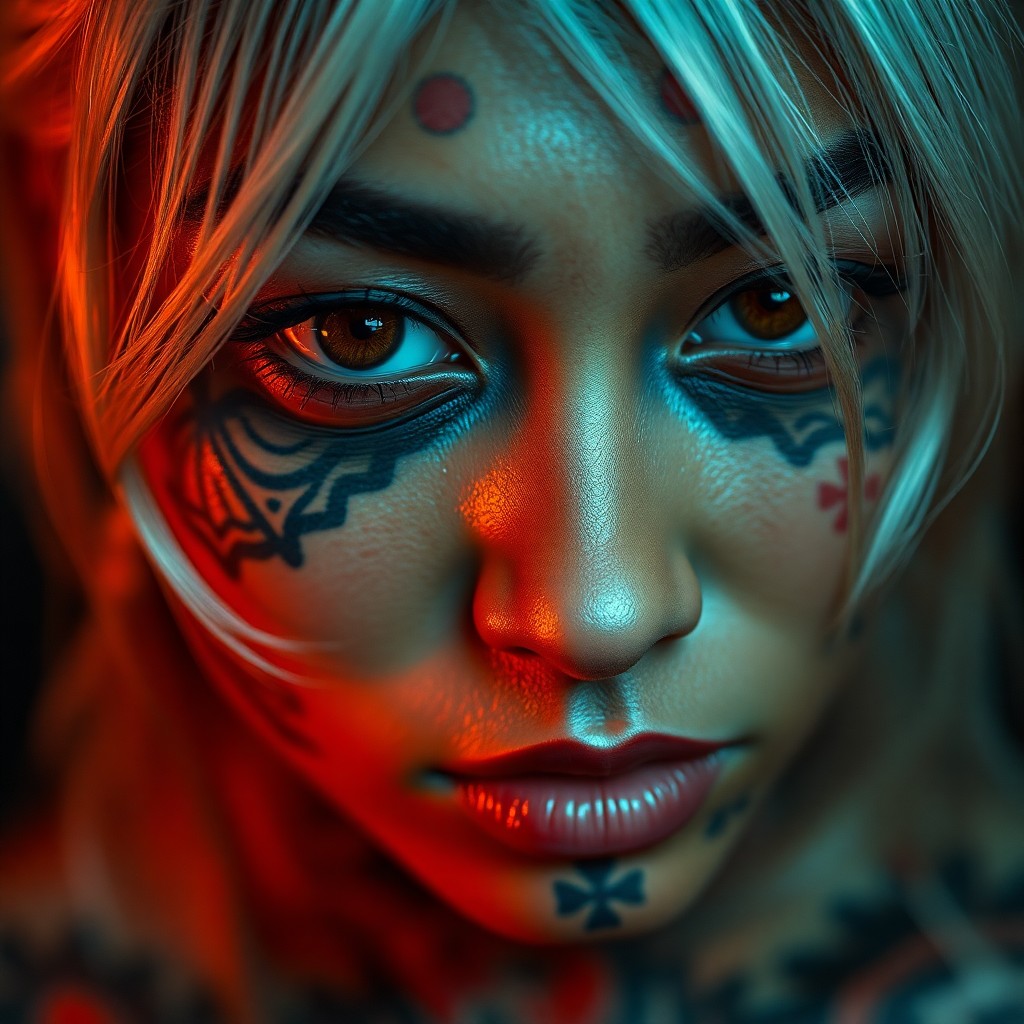 AI generated art for prompt: A mesmerizing close-up portrait showcases a Micronesian woman adorned with striking, vibrant tattoos