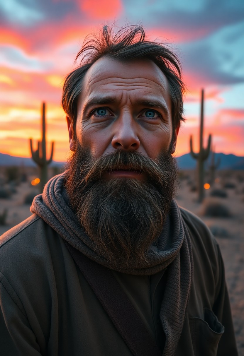 AI generated art for prompt: Craft an ultra-realistic portrait of a rugged Western European man with gentle blue eyes and a thick