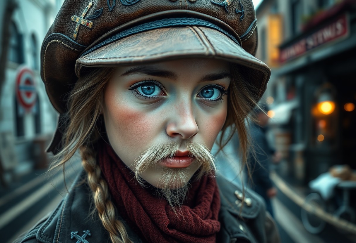 AI generated art for prompt: Craft a photorealistic portrait of an enigmatic girl with sea-blue eyes and a gray beard, exuding wi