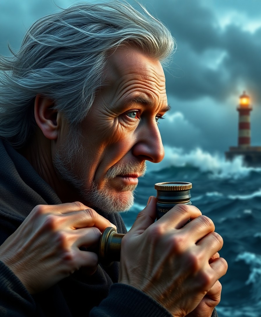 AI generated art for prompt: A super-detailed photorealistic portrait showcases an aged sailor with rugged features and kind blue