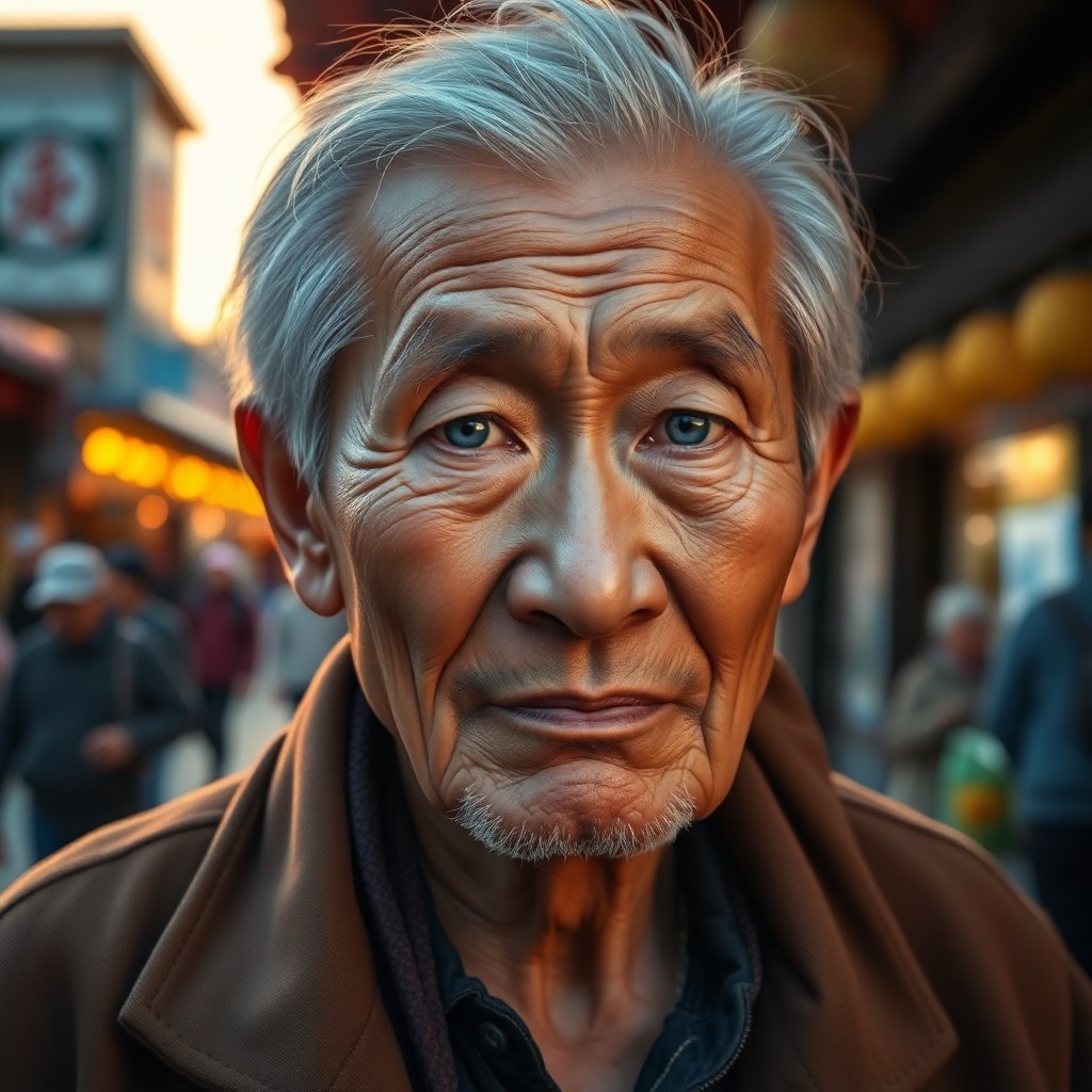 AI generated art for prompt: A super-realistic portrait depicts an elderly East Asian man with a serene yet wise countenance, his