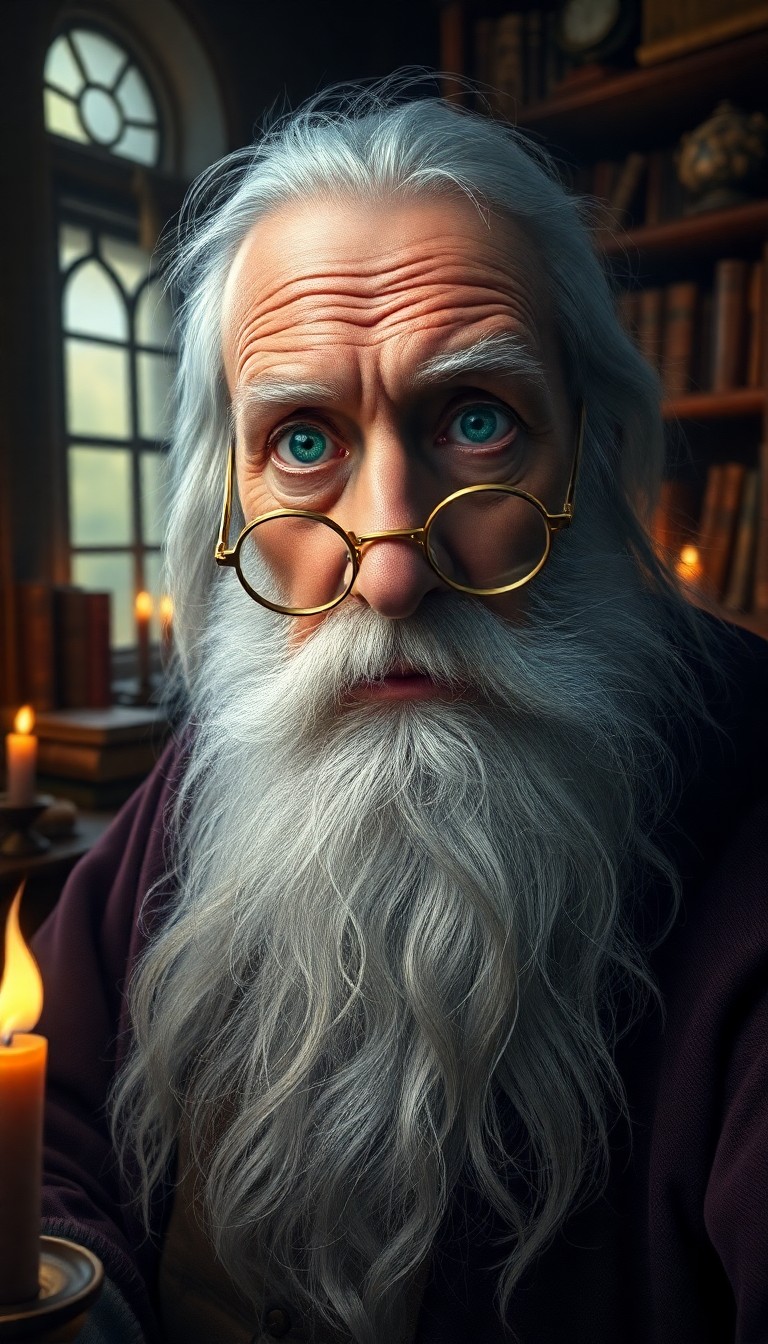 AI generated art for prompt: Envision a hyperrealistic portrait of an elderly wizard with piercing emerald eyes and a flowing sil