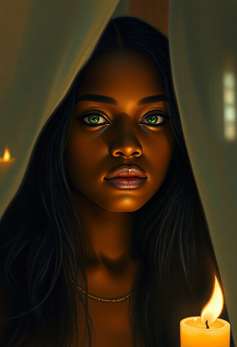 AI generated art for prompt: A master painter's brush captures the ethereal beauty of a Sub-Saharan African woman in a candlelit 