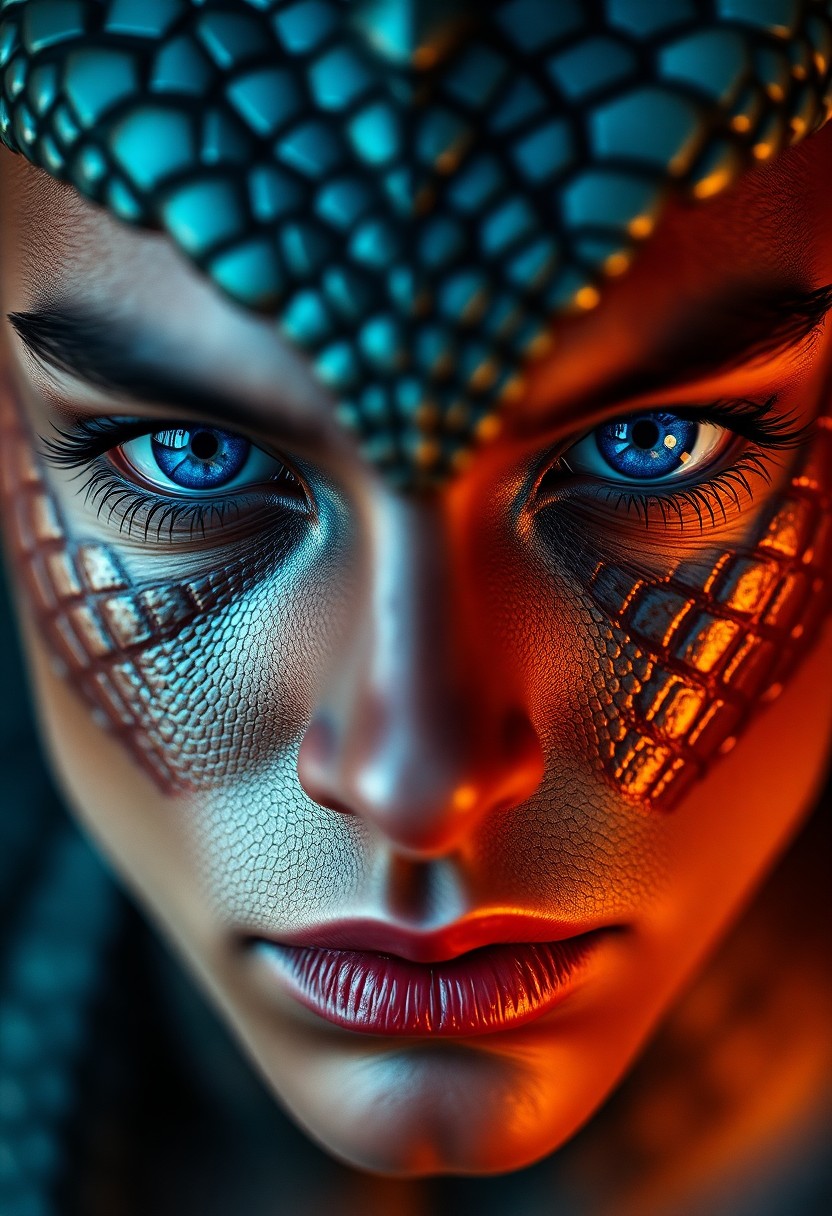 AI generated art for prompt: A close-up portrait reveals an enigmatic figure with piercing sapphire eyes and iridescent scales ad