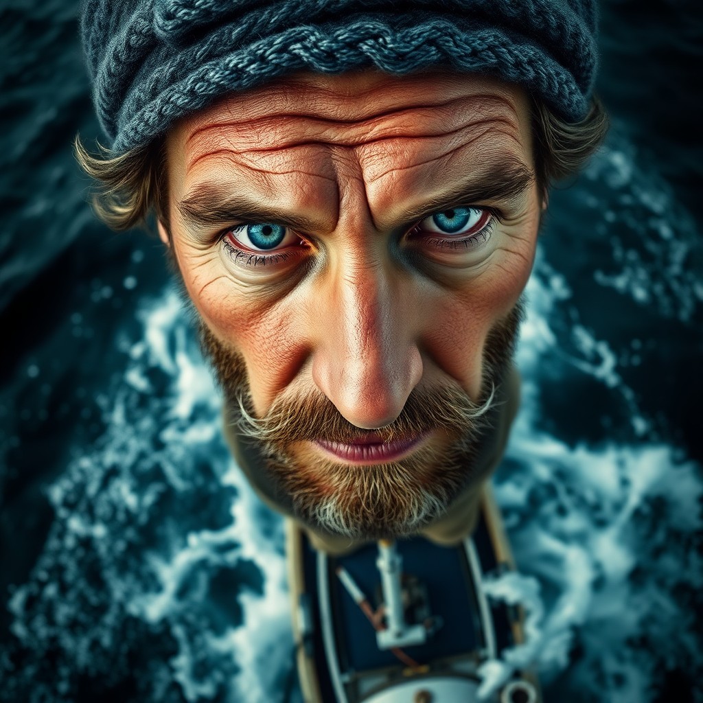 AI generated art for prompt: Visualize a photorealistic portrait of an experienced sailor with weathered skin and tranquil blue e