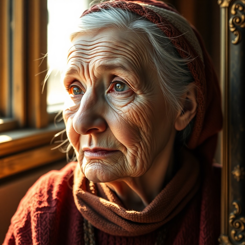 AI generated art for prompt: Craft a photorealistic portrait of an elderly Nordic woman with gentle wrinkles and warm, insightful