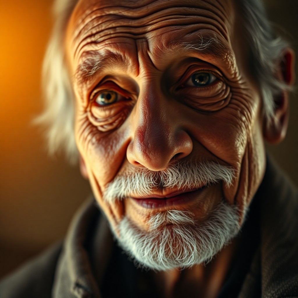 AI generated art for prompt: A highly realistic portrait of an elderly sage with deep wrinkles and intense eyes is bathed in a wa