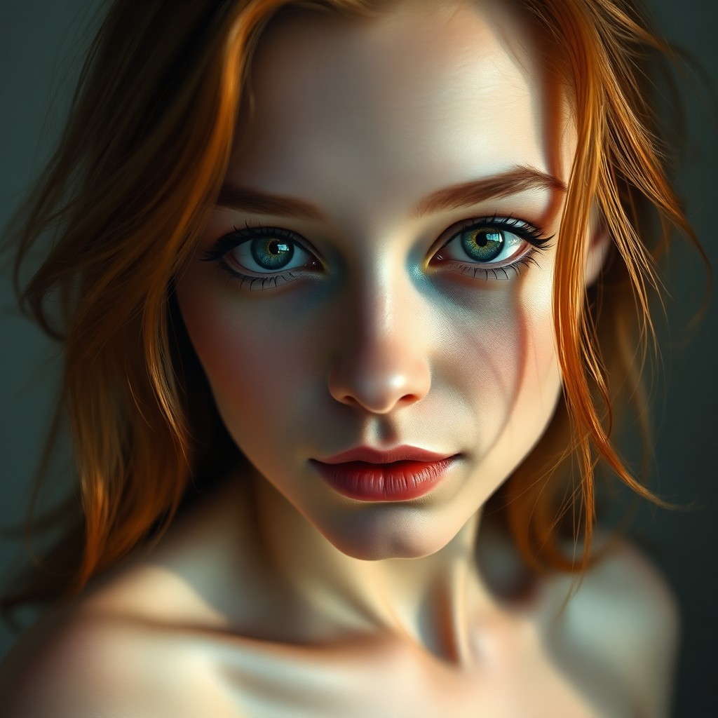 AI generated art for prompt: Craft a photorealistic portrait of a young Caucasian woman with gentle green eyes and fine features,