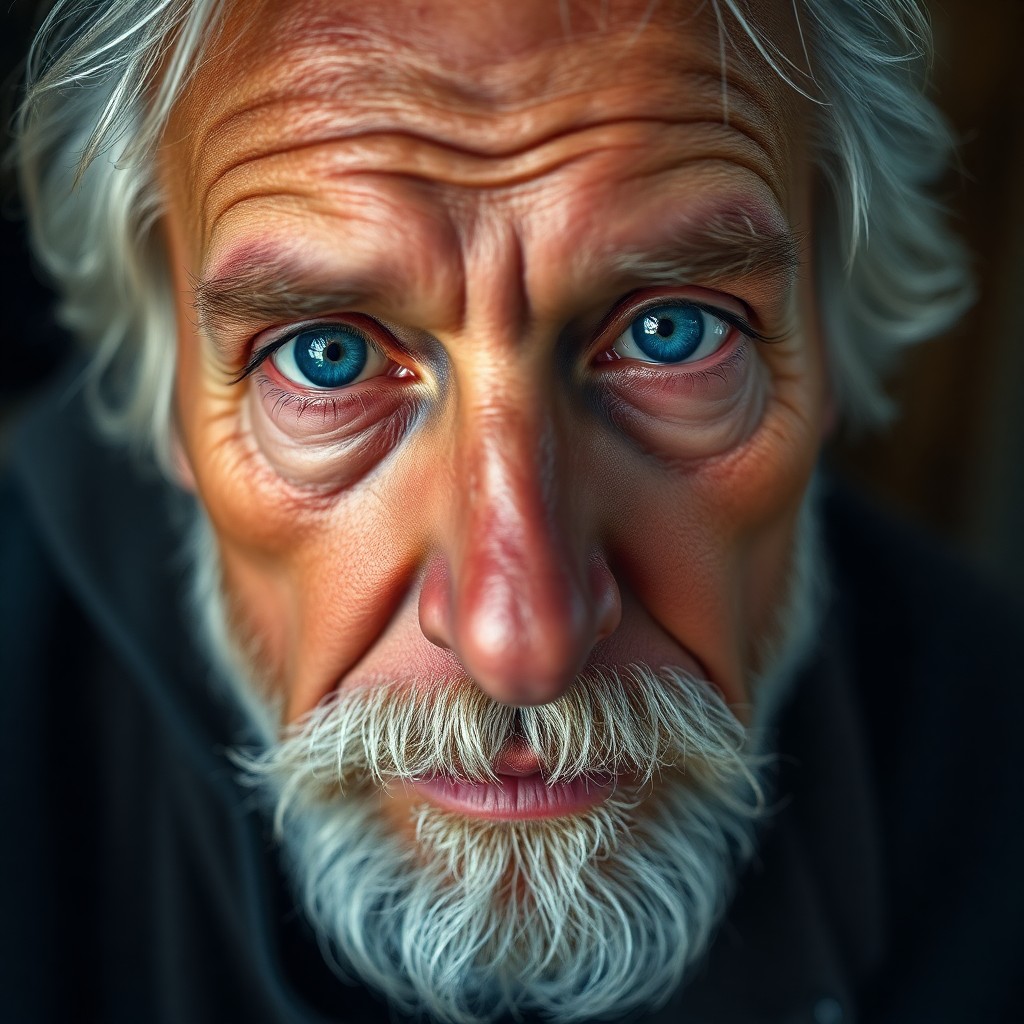 AI generated art for prompt: Craft a photorealistic portrait of an elderly gentleman with silver hair and serene blue eyes, his w