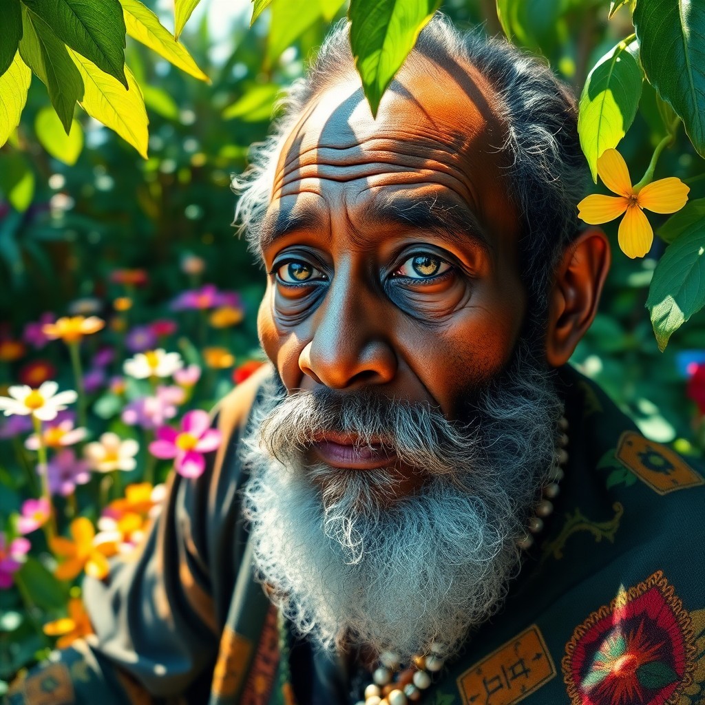 AI generated art for prompt: Craft an impressionist portrait showcasing a 'bug's-eye view' of a wise Melanesian man with deep blu