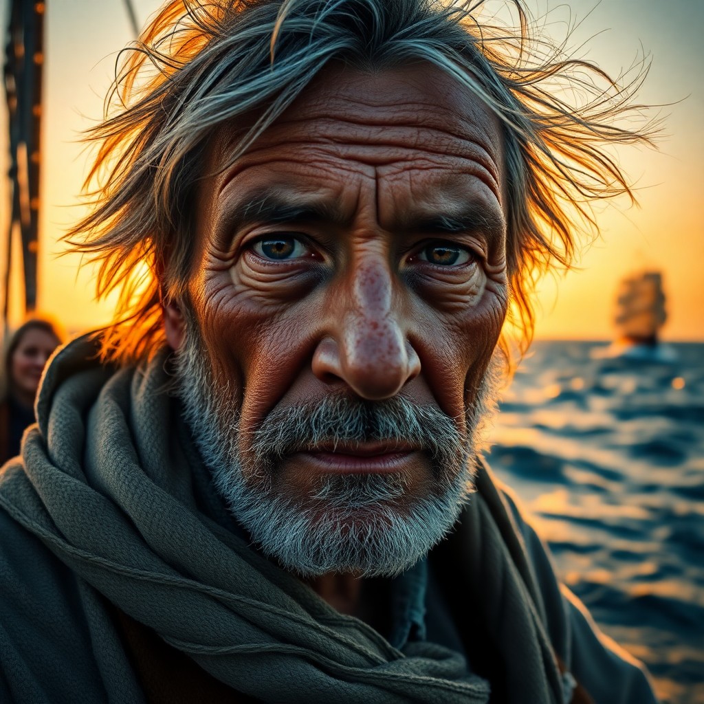 AI generated art for prompt: Envision a hyper-realistic portrait of an aged sailor with his weathered visage etched by years navi