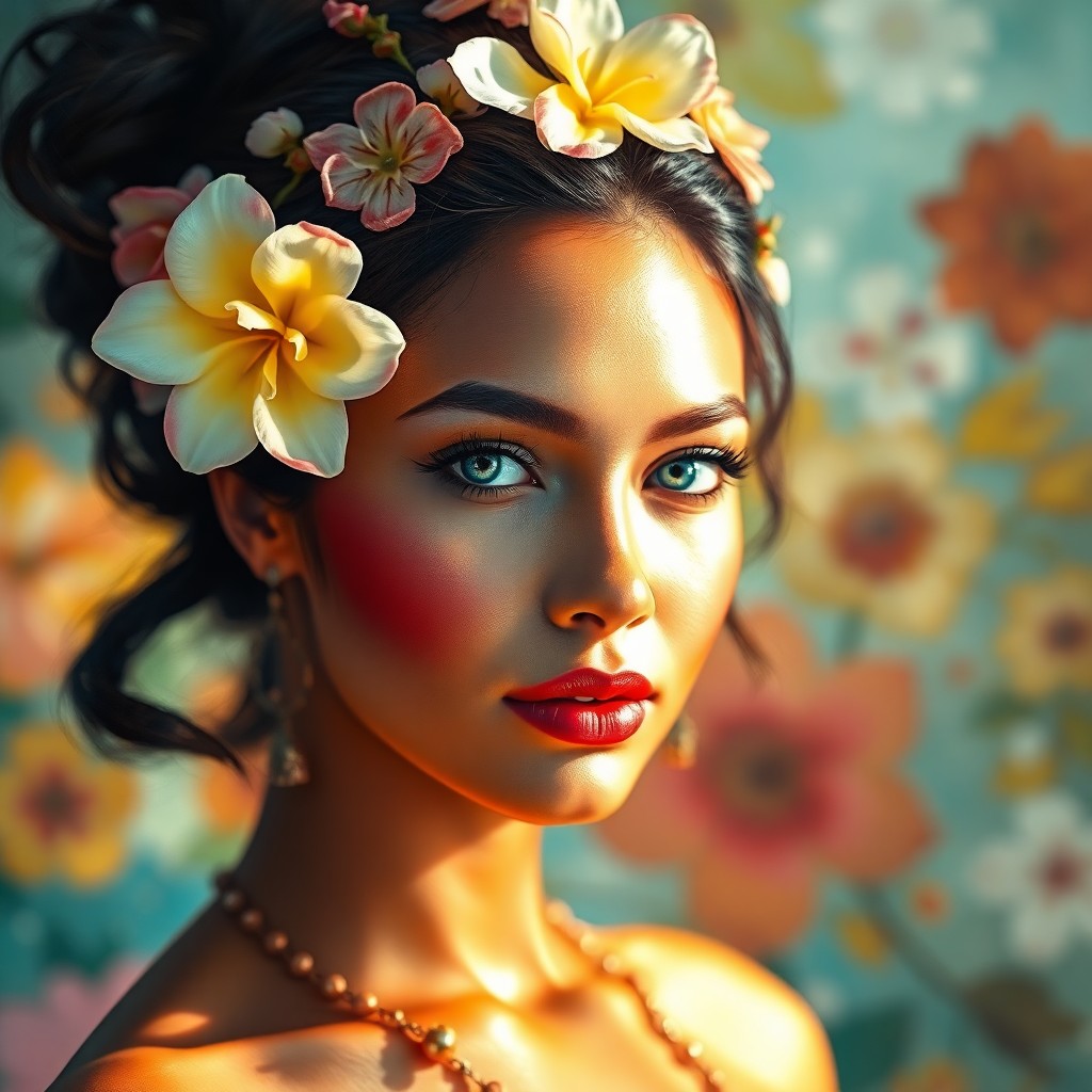 AI generated art for prompt: Craft a mesmerizing hyperrealistic portrait of a Polynesian woman with captivating blue eyes and an 