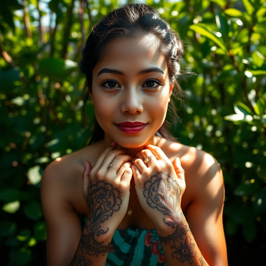 AI generated art for prompt: A close-up portrait showcases a young Micronesian woman adorned with intricate henna tattoos on her 