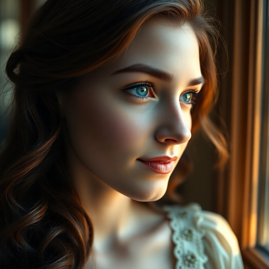 AI generated art for prompt: Depict a photorealistic portrait of a young Southern European woman with a pensive gaze and serene b