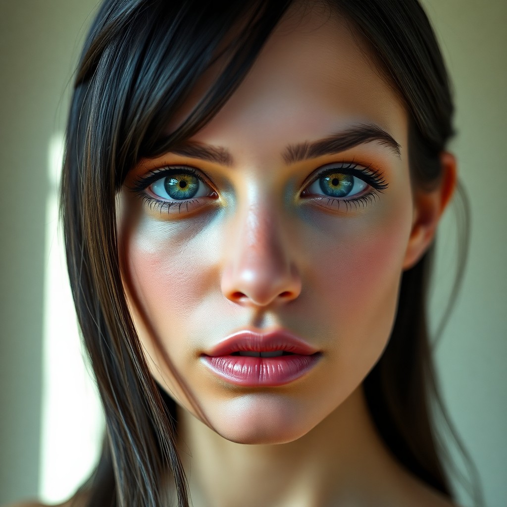 AI generated art for prompt: Craft a hyperrealist portrait photograph of a youthful Southern European woman with captivating gree