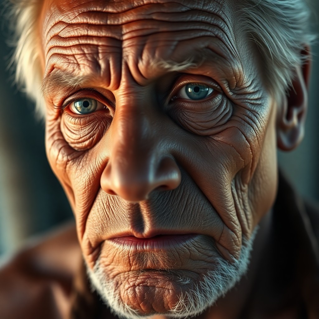 AI generated art for prompt: Craft a hyperrealistic portrait of an elderly Polynesian man with deeply etched wrinkles and creased