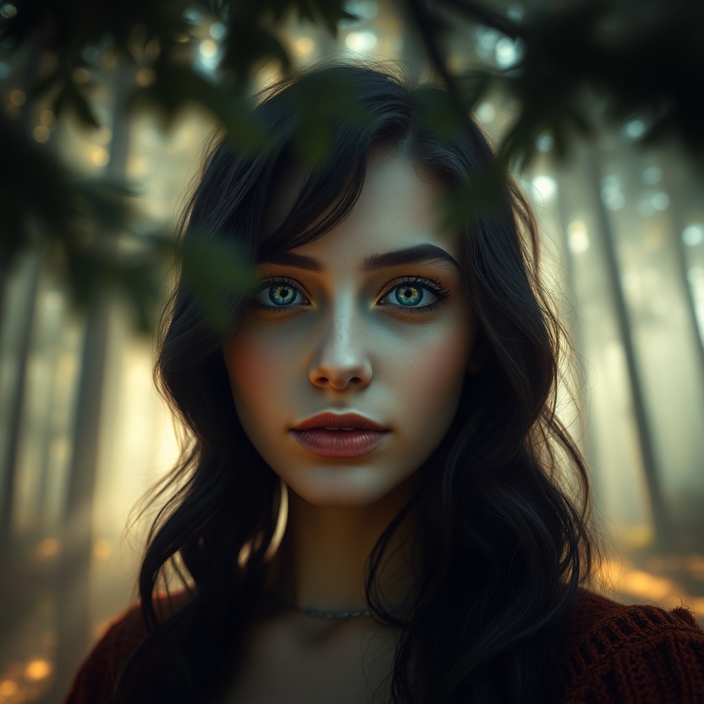 AI generated art for prompt: Imagine a captivating hyperrealistic portrait of a young Nordic woman with serene green eyes and dar