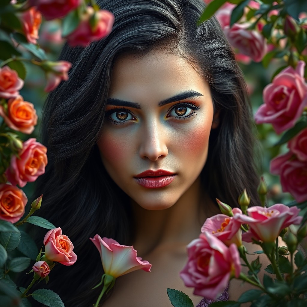 AI generated art for prompt: A photorealistic portrait depicts an Andean woman with captivating amber eyes and dark, wavy hair fa