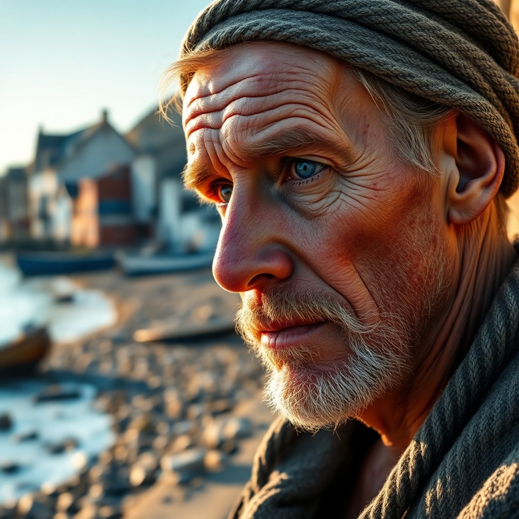 AI generated art for prompt: Craft an ultra-realistic portrait of a weathered fisherman with sun-kissed skin and misty blue eyes,