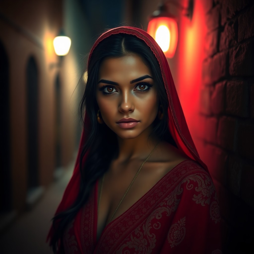 AI generated art for prompt: A captivating photorealistic portrait depicts a Native American woman with deep brown eyes accentuat