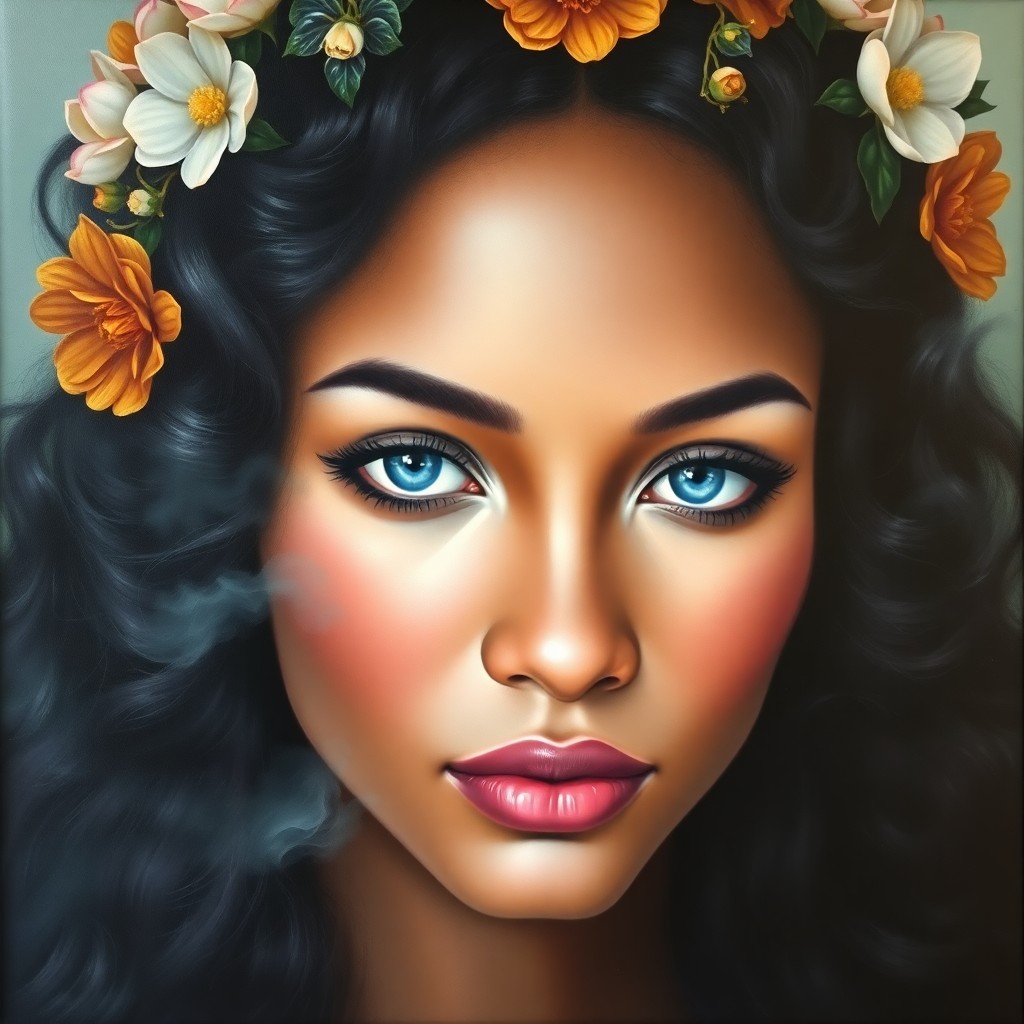 AI generated art for prompt: A Renaissance-inspired oil painting portrays a serene Sub-Saharan African woman with porcelain skin 