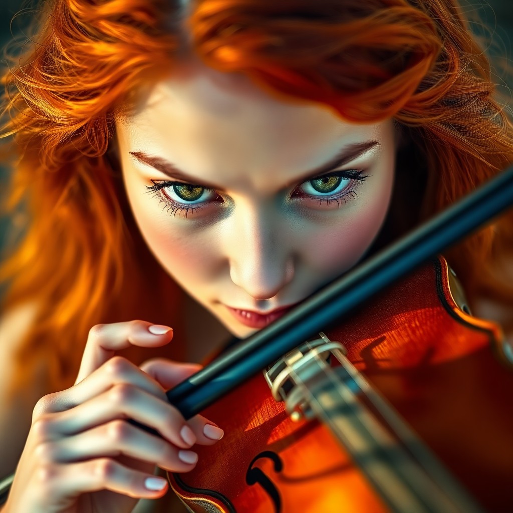 AI generated art for prompt: Envision a captivating digital portrait offering an intriguing 'bug's-eye view' of a talented violin