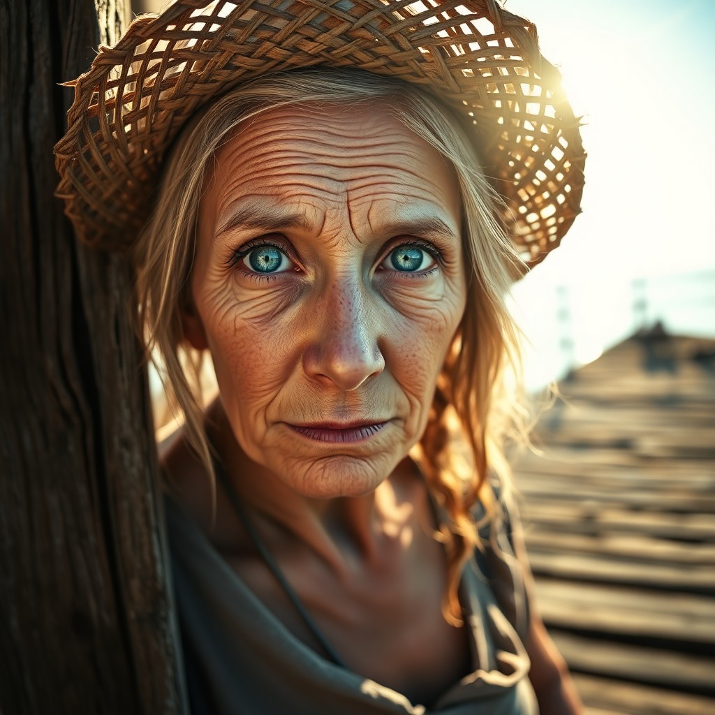 AI generated art for prompt: Craft a photorealistic portrait of an elderly girl with piercing blue eyes and weathered skin, refle