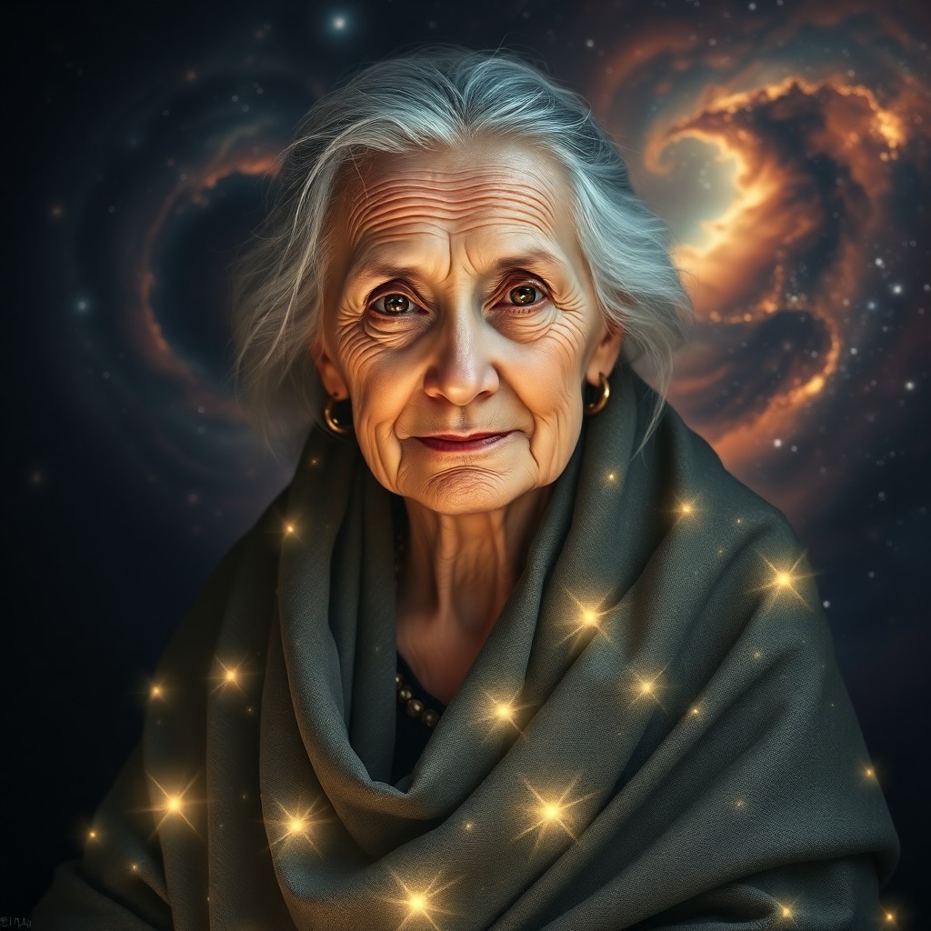 AI generated art for prompt: Craft a photorealistic portrait of an elderly female mystic with translucent skin emitting a soft gl