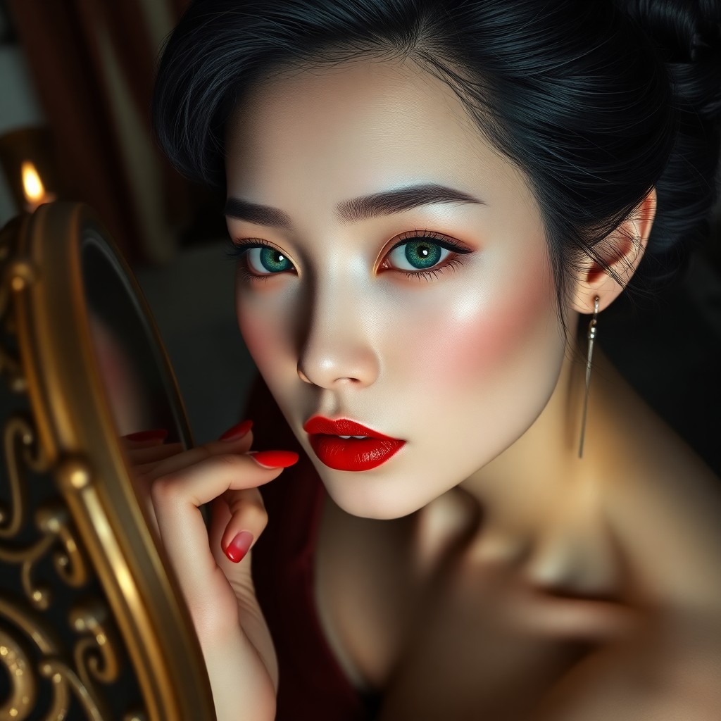 AI generated art for prompt: Hyperrealistically rendered, this portrait showcases an enigmatic East Asian woman with captivating 