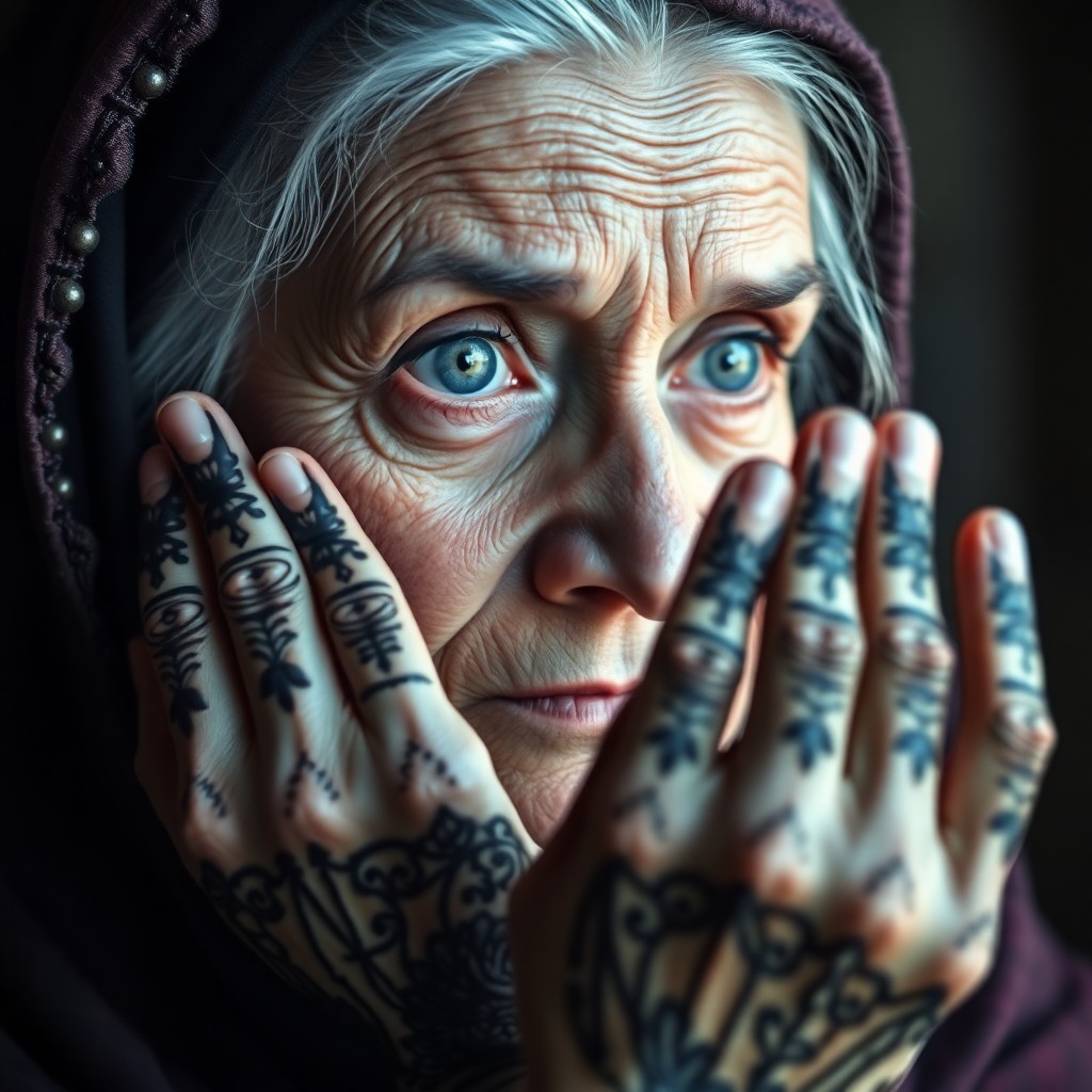 AI generated art for prompt: Craft a photorealistic portrait of an enigmatic old fortune teller captured via smartphone camera. H