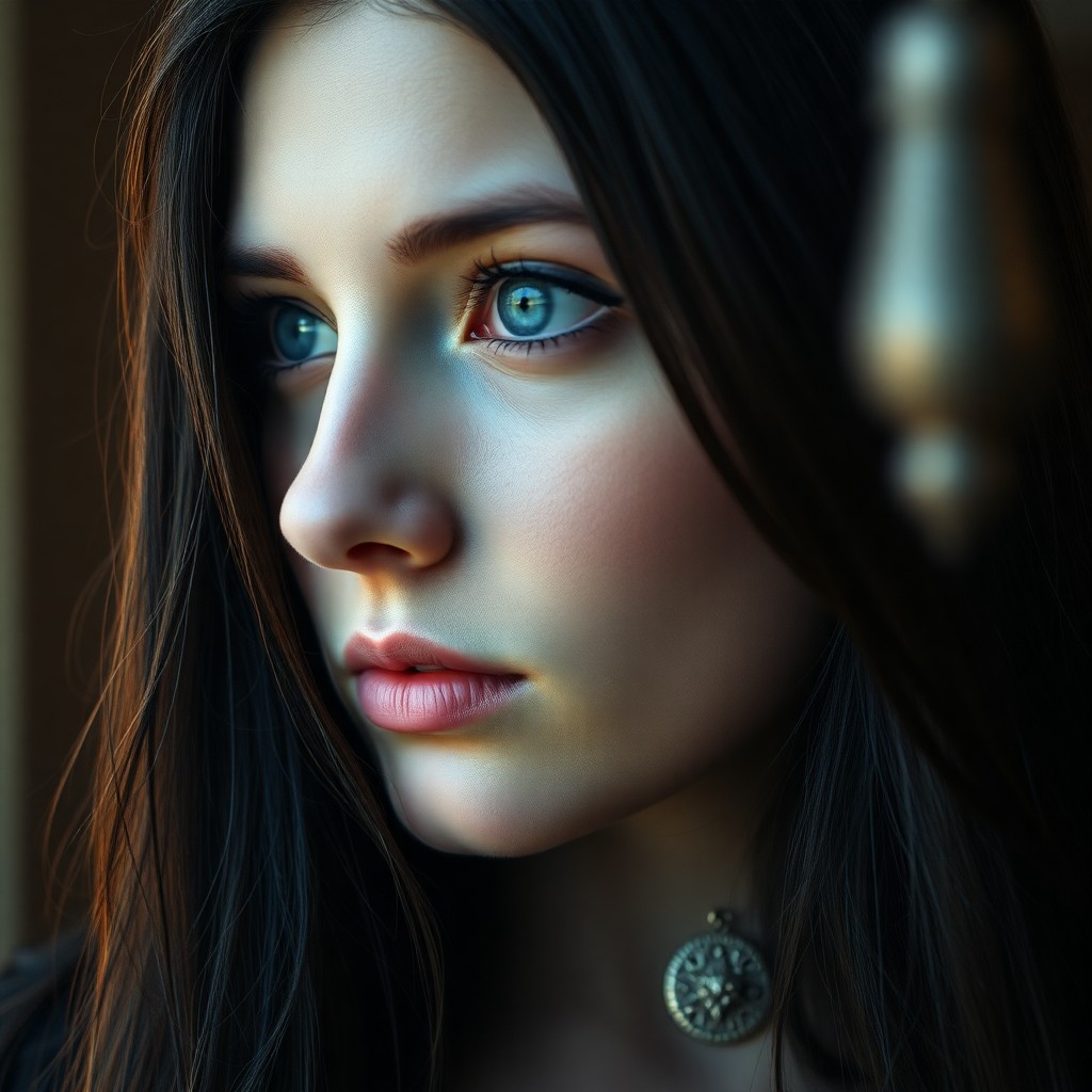 AI generated art for prompt: A captivating portrait showcases a young Eastern European woman lost in deep introspection. Her sere