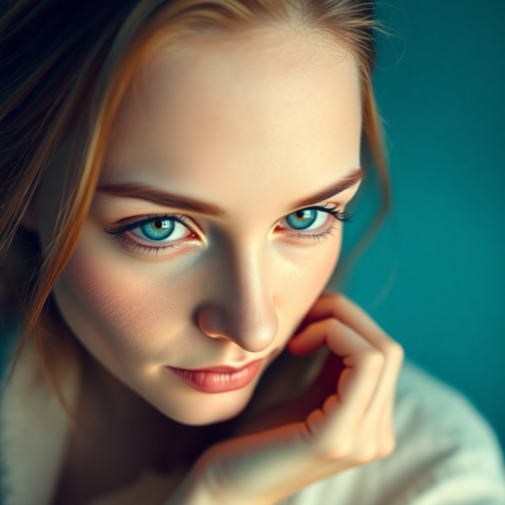 AI generated art for prompt: Craft a photorealistic portrait of a serene Western European woman with docile blue eyes and delicat