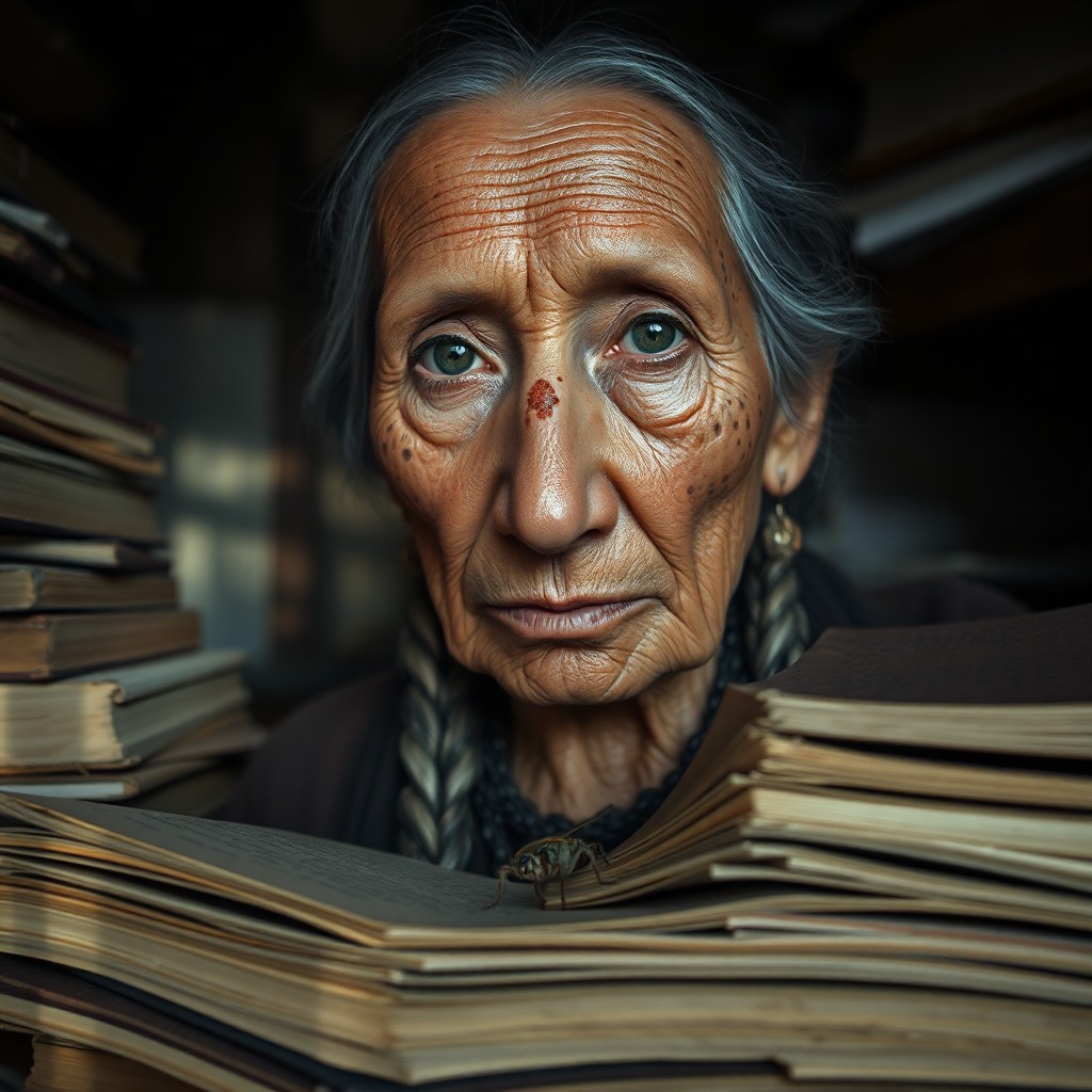 AI generated art for prompt: A photorealistic portrait captures an enigmatic elderly Native American woman's contemplative gaze, 