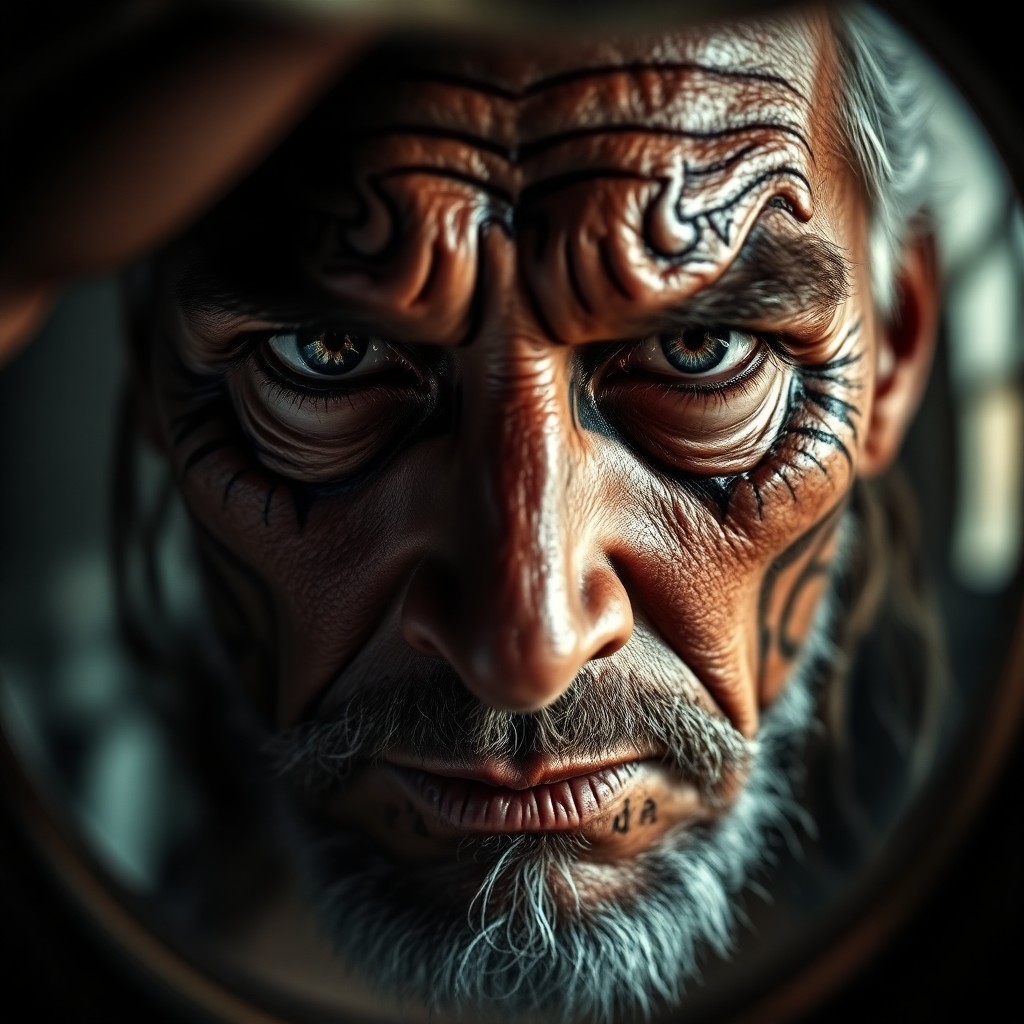 AI generated art for prompt: Imagine a hyper-realistic portrait of an enigmatic figure with piercing eyes and intricate tattoos s