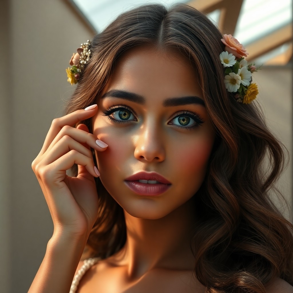 AI generated art for prompt: A captivating photorealistic portrait of a young Hispanic woman with emerald eyes and smooth olive s