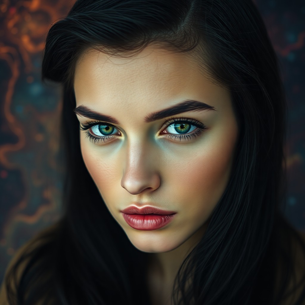 AI generated art for prompt: A captivating portrait of an enigmatic individual with defined features and mesmerizing green eyes s