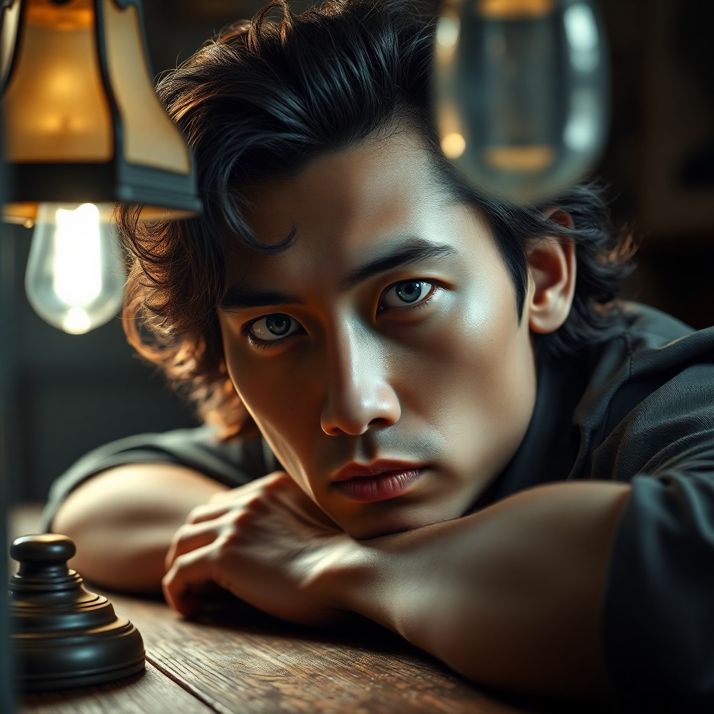 AI generated art for prompt: Craft a hyperrealistic portrait of an intense East Asian man in his twenties, with piercing blue eye