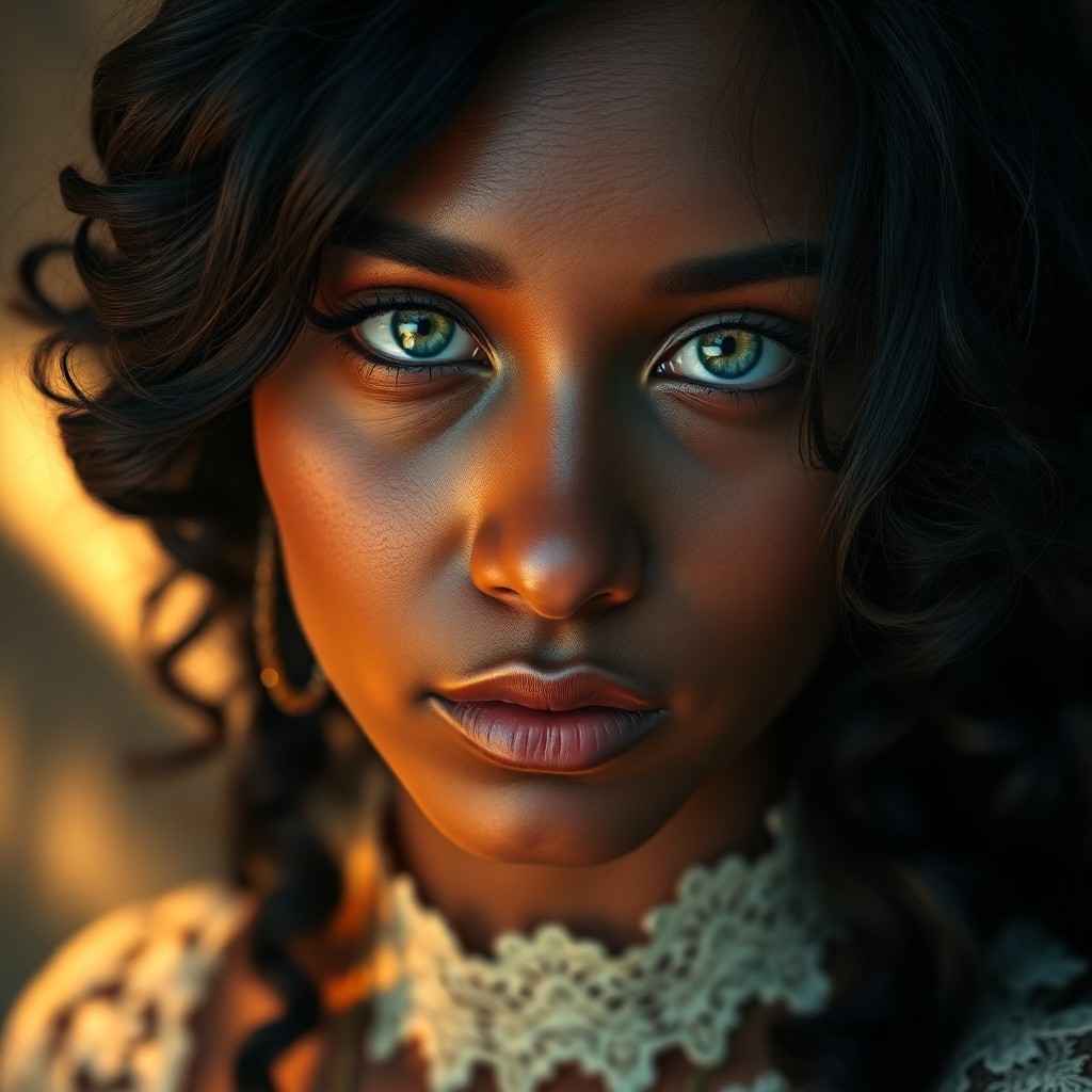 AI generated art for prompt: Craft a highly detailed photorealistic portrait showcasing an enigmatic Melanesian woman with captiv