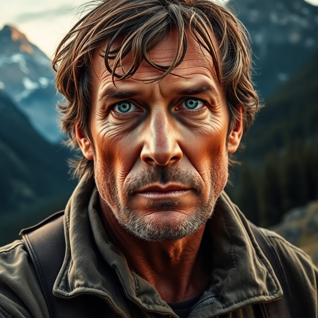 AI generated art for prompt: Craft a photorealistic portrait of a weathered outdoorsman with hardened skin and piercing blue eyes