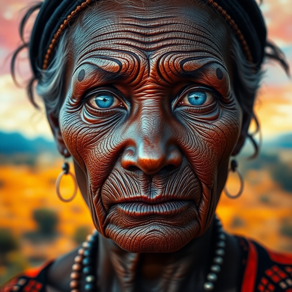 AI generated art for prompt: A highly detailed photorealistic portrait of an enigmatic elderly Aboriginal woman with striking azu