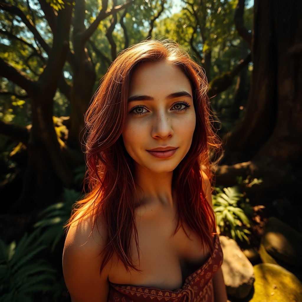 AI generated art for prompt: A photorealistic portrait captures a young Aboriginal woman with deep auburn hair cascading over her