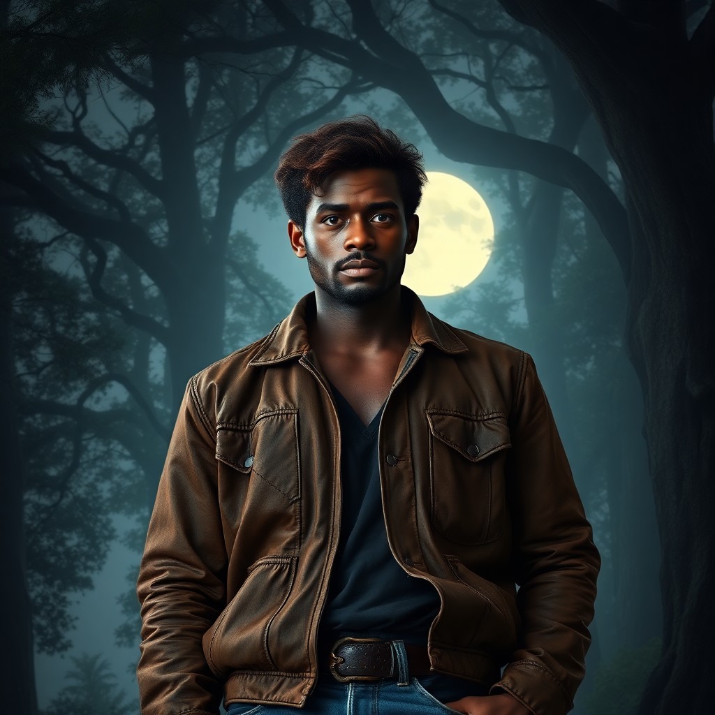 AI generated art for prompt: In ethereal moonlight, a solitary African man stands at an ancient forest's edge. With shy blue eyes