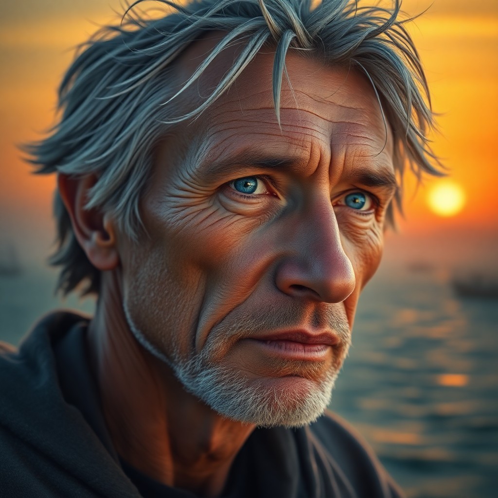 AI generated art for prompt: Craft a hyperrealistic portrait of a charismatic fisherman with rugged features and warm blue eyes. 