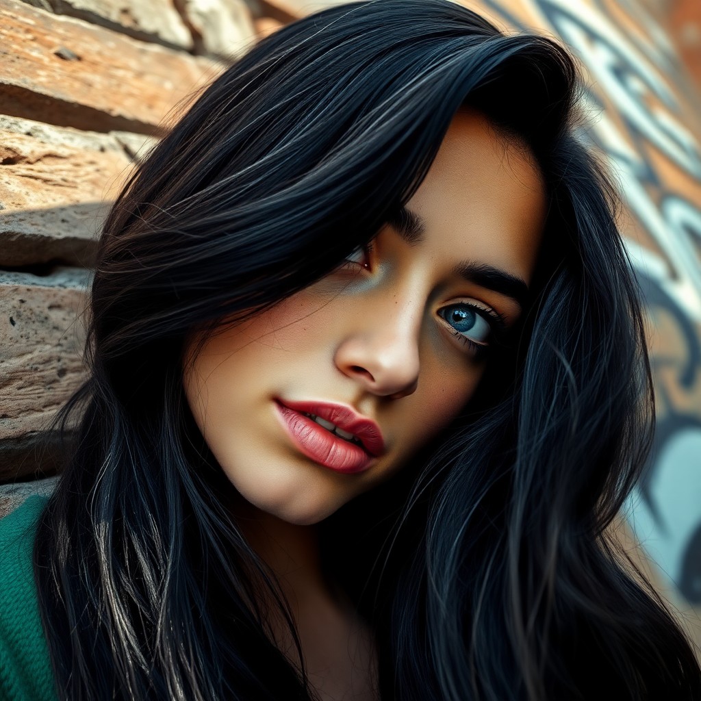 AI generated art for prompt: An ultra-realistic portrait showcases a young Mediterranean woman with cascading jet-black hair fram