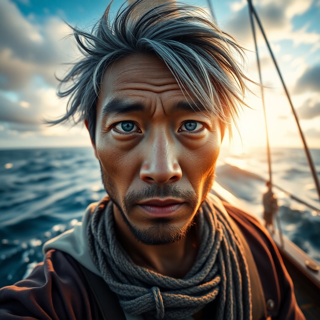 AI generated art for prompt: A super-realistic portrait showcases an experienced sailor with weathered skin and misty blue eyes f