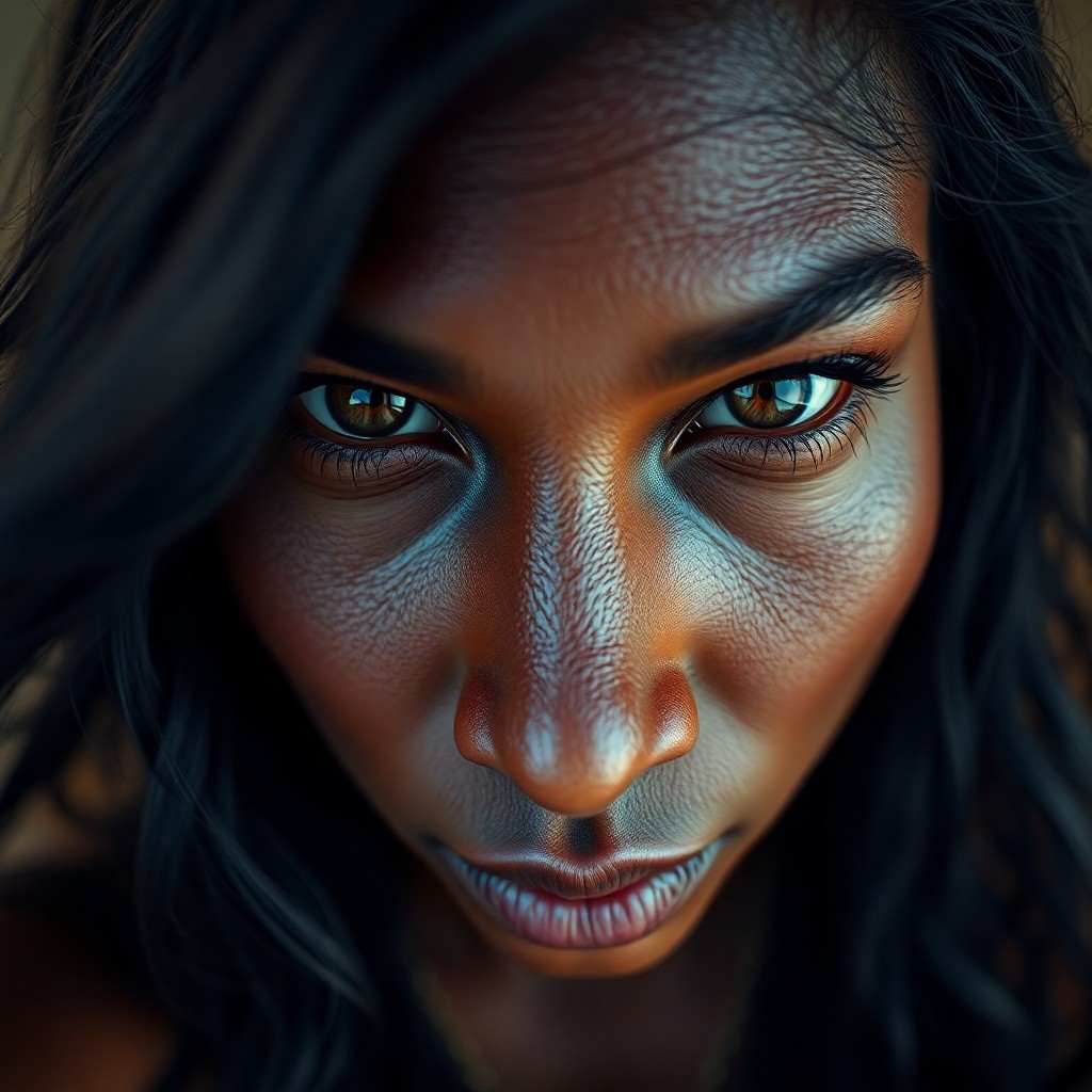 AI generated art for prompt: A high-resolution photorealistic portrait captures an enigmatic Caribbean woman with deep amber eyes