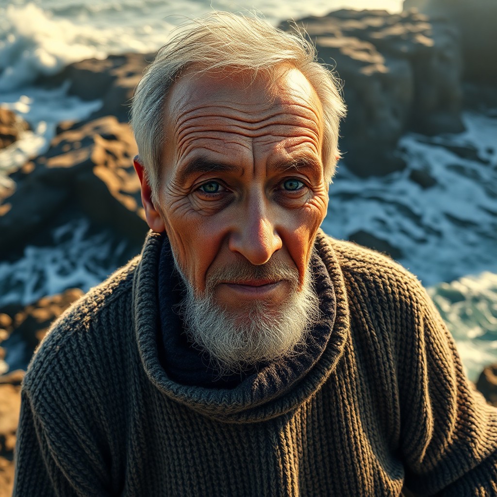 AI generated art for prompt: Envision a hyper-realistic portrait of an elderly fisherman whose skin bears witness to years under 