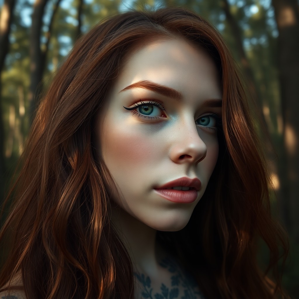 AI generated art for prompt: Hyperrealistically portray a young Andean woman with porcelain skin, vivid green eyes, and cascading