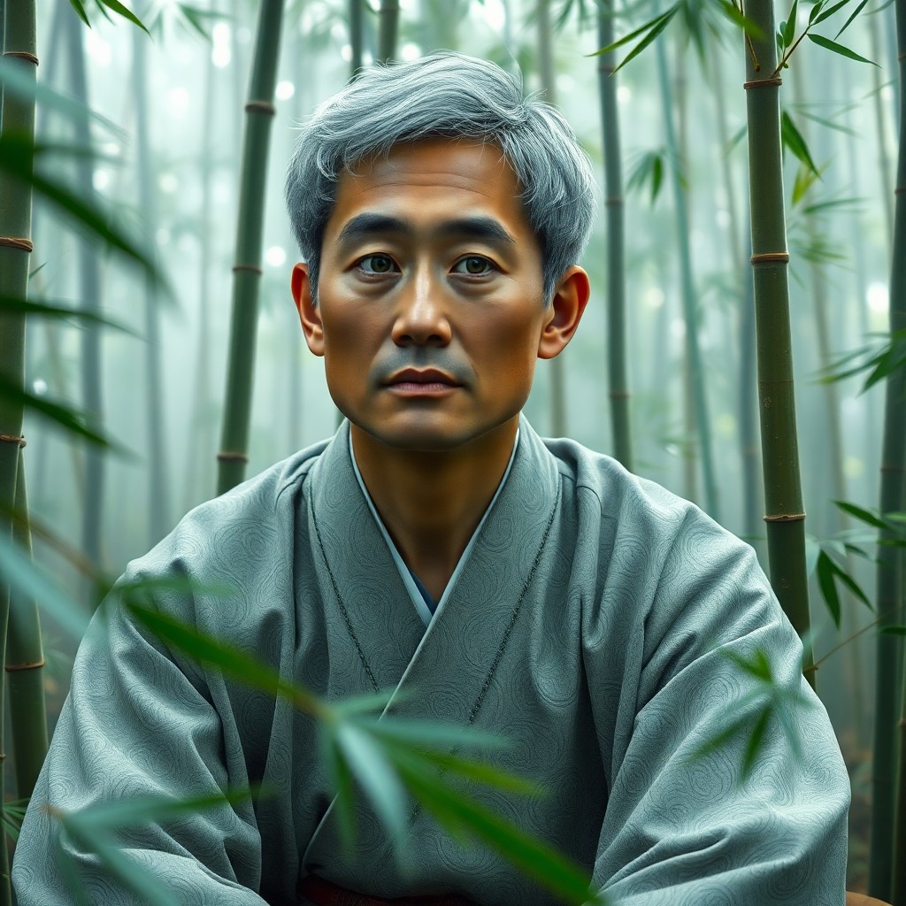 AI generated art for prompt: A photorealistic portrait depicts a 35-year-old Japanese Pacific Islander man with short silver hair