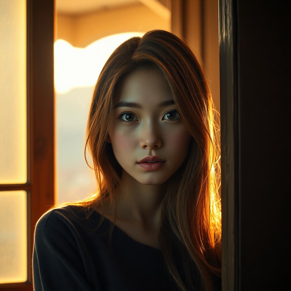 AI generated art for prompt: A photorealistic portrait photograph showcases a young East Asian woman with long, chestnut hair flo